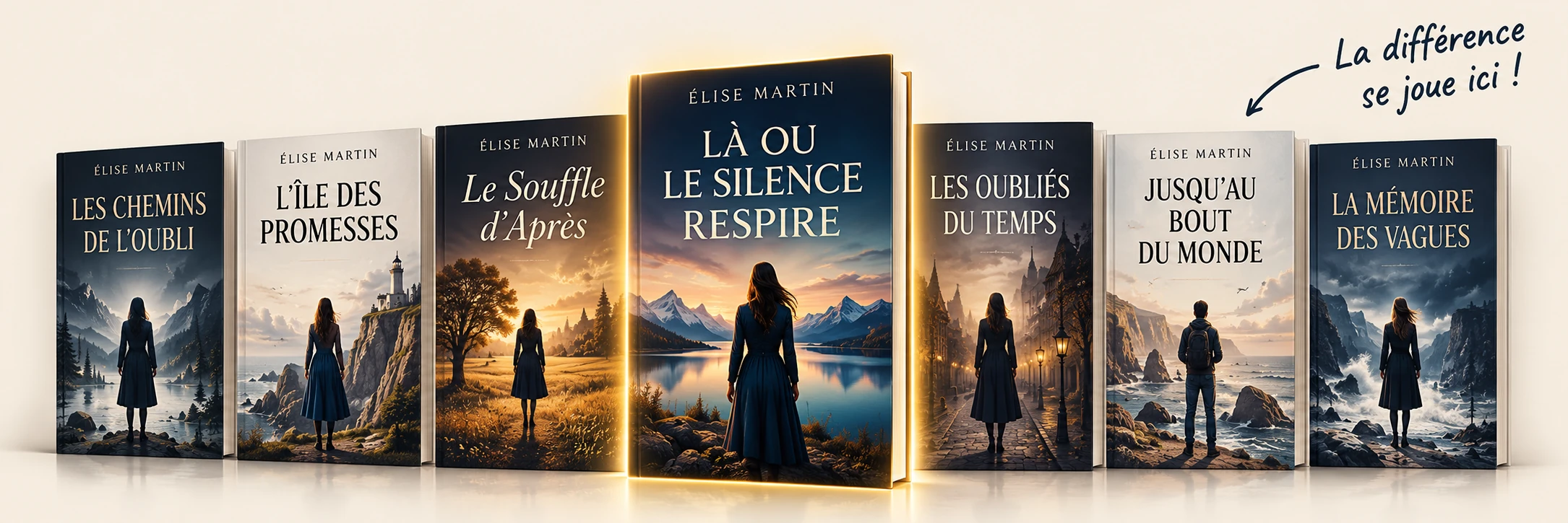 Une rangée de couvertures concurrentes, la tienne mise en lumière au centre (« La différence se joue ici ! »)